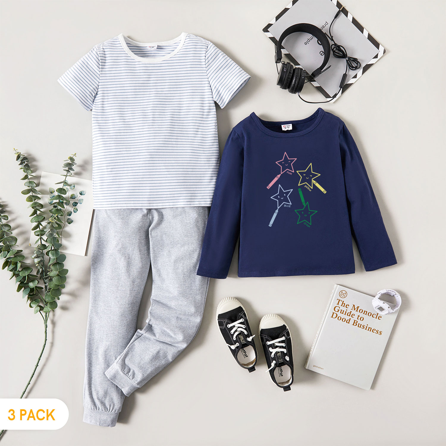 

3-Pack Kid Graphic Stars and Letter Print Long-sleeve Tee & Striped Short-sleeve Tee & Pants Set
