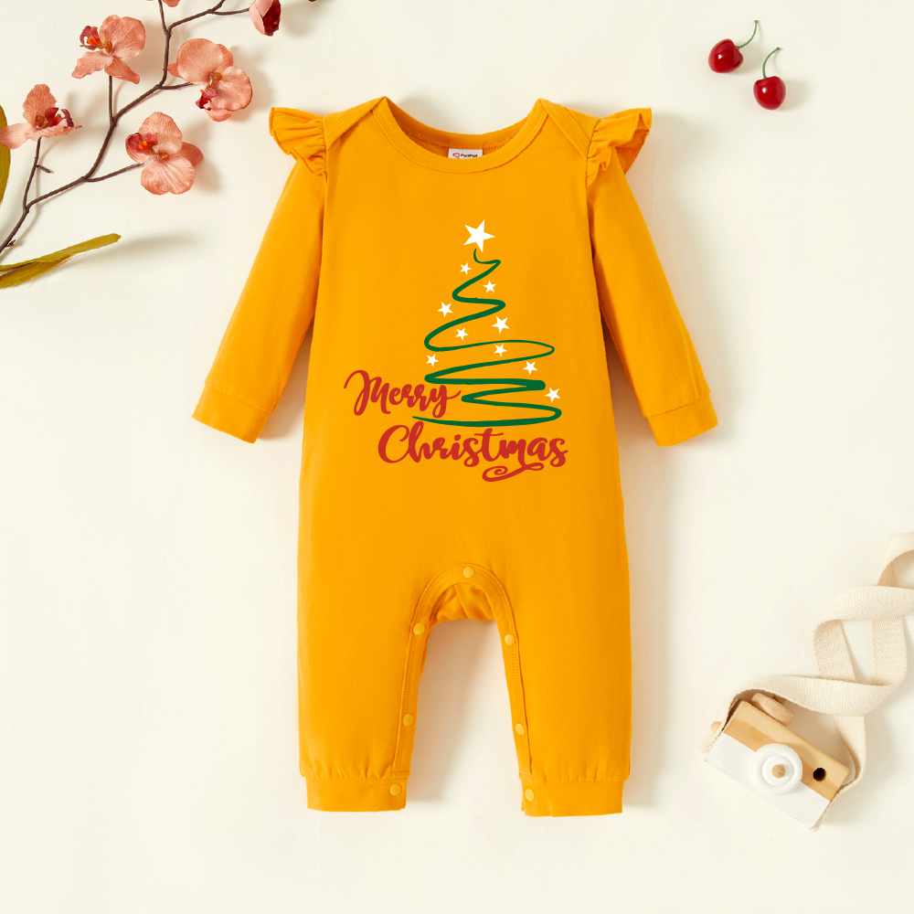 

Christmas Baby Girl Graphic Christmas Tree and Letter Print Ruffled Long-sleeve Jumpsuit