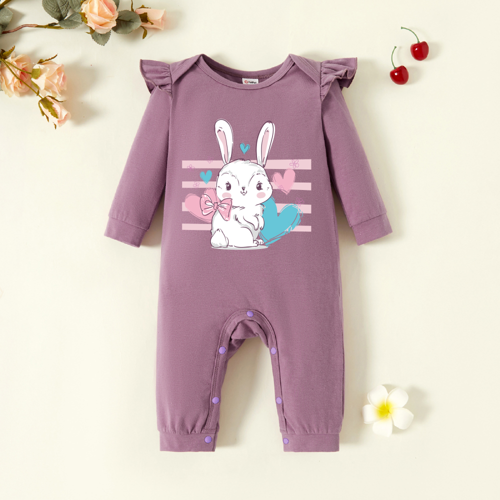 

Baby Girl Graphics Rabbit and Heart-shaped Print Ruffle Long-sleeve Jumpsuit