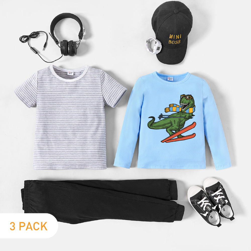 

3-Pack Kid Boy Graphics Dinosaur Print Long-sleeve Tee & Striped Short-sleeve Tee & Pants Set