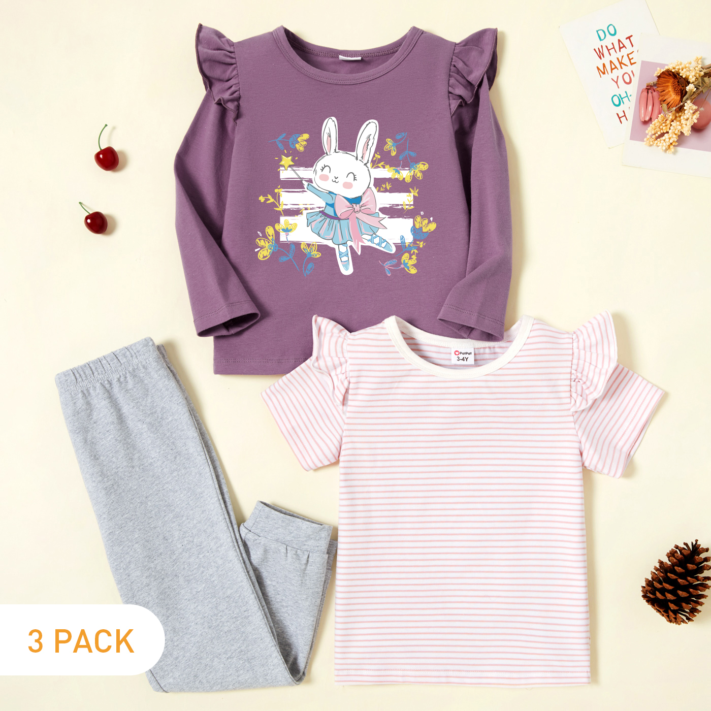 

3-Pack Toddler Girl Graphic Rabbit and Floral Print Ruffled Long-sleeve Tee & Striped Ruffled Short-sleeve Tee & Pants Set