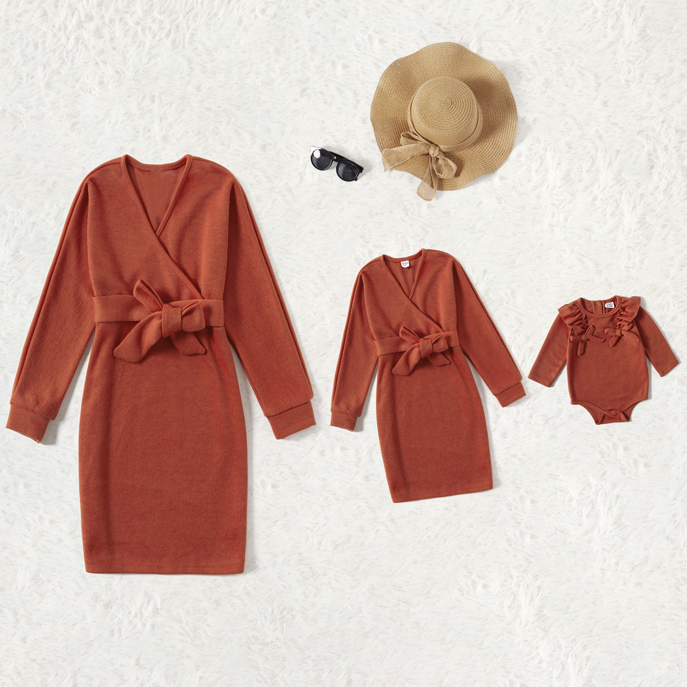 

Orange Cross Wrap V Neck Long-sleeve Belted Casual Dress for Mom and Me