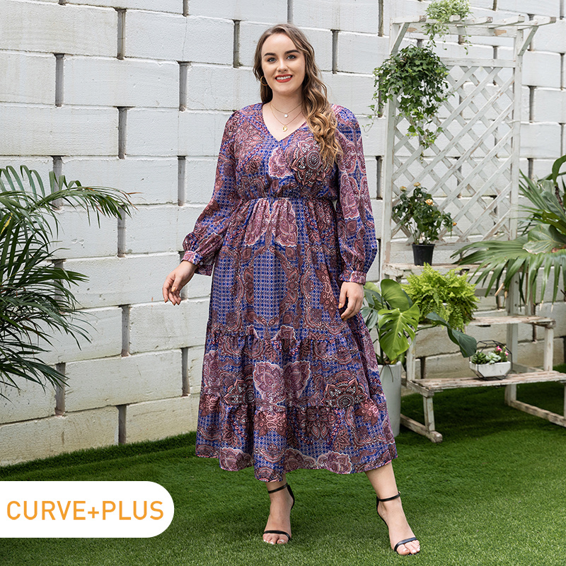 

Women Plus Size Vacation Boho Exotic Floral Print V Neck Long-sleeve Dress