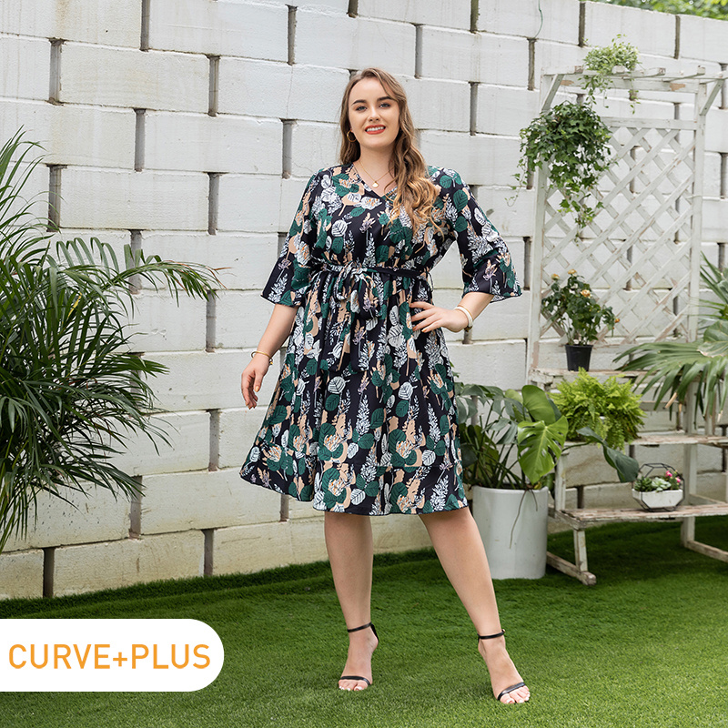 

Women Plus Size Vacation Floral Print V Neck Tie Belt Long-sleeve Dress