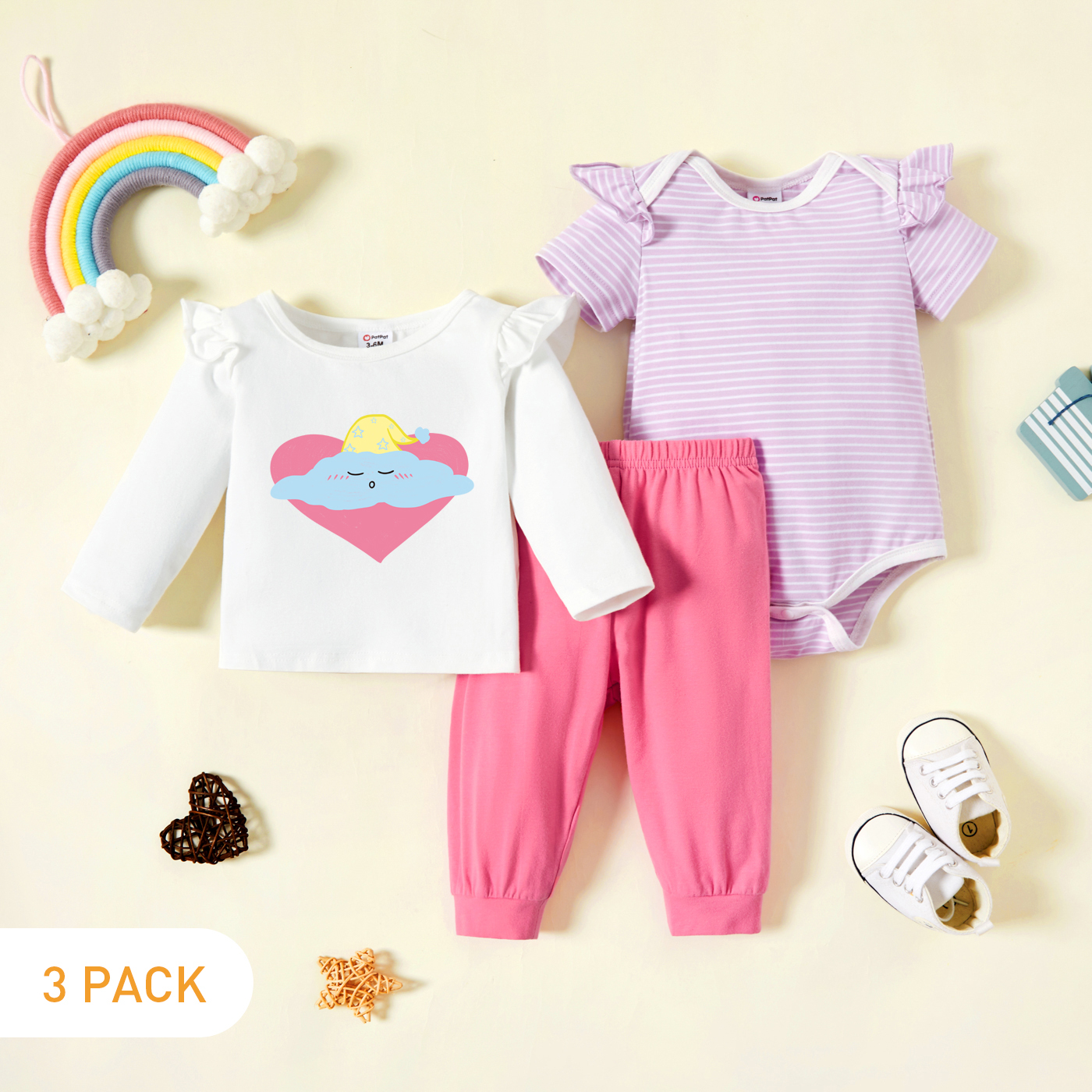

3-Pack Baby Graphic & Striped Ruffled Romper Tee Pants Set