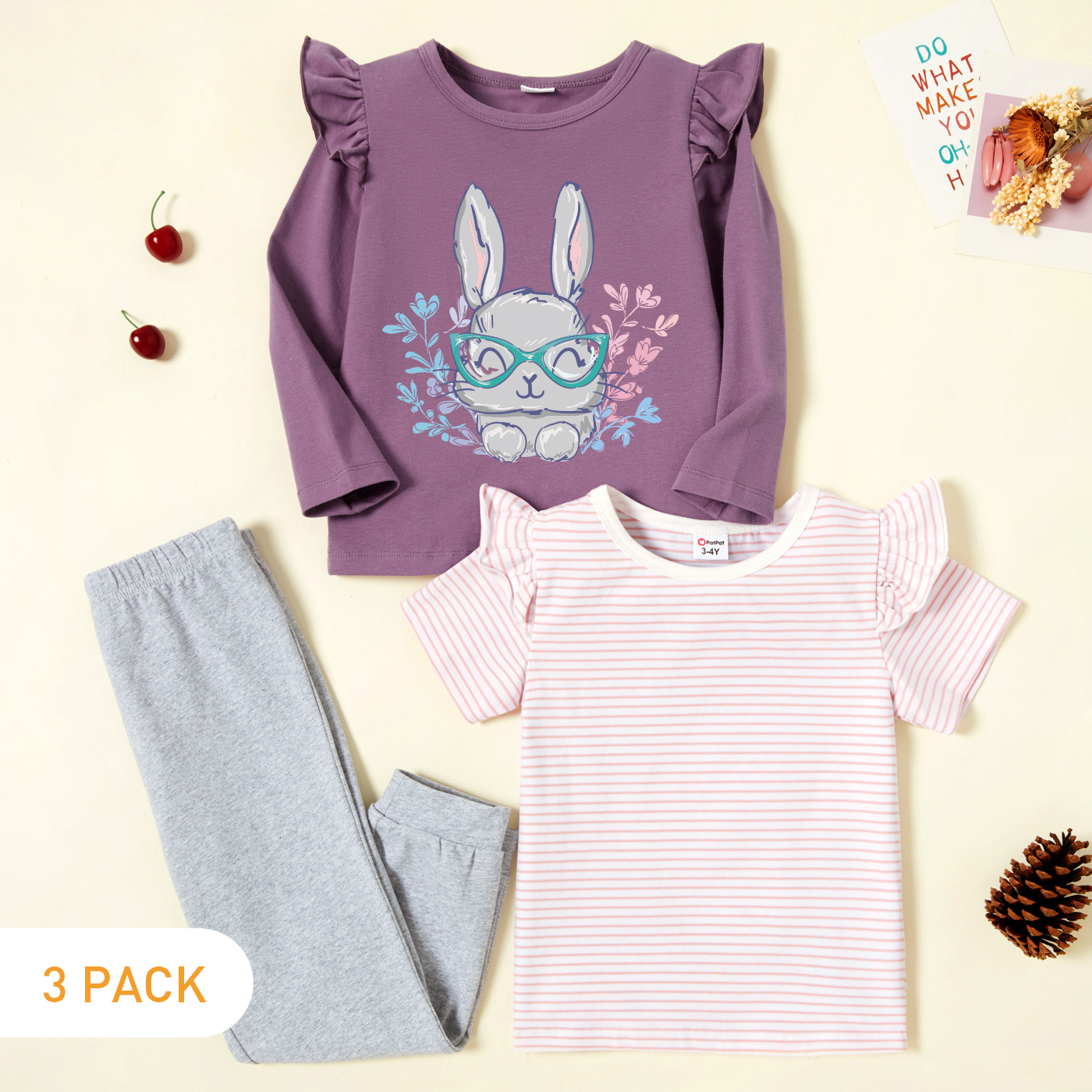

3-Pack Toddler Girl Graphic Rabbit and Floral Print Ruffled Long-sleeve Tee & Striped Short-sleeve Tee & Pants Set