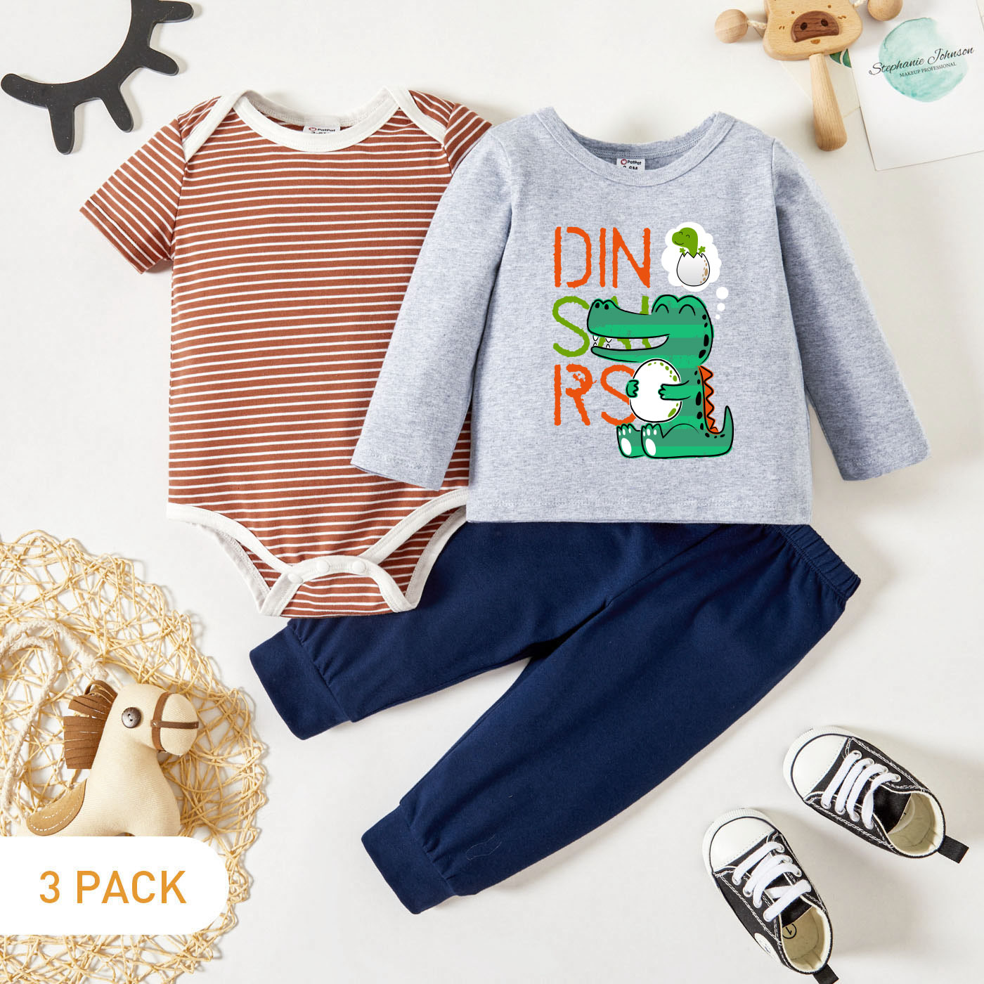 

3-Pack Baby Graphic & Striped Romper Tee Pants Set