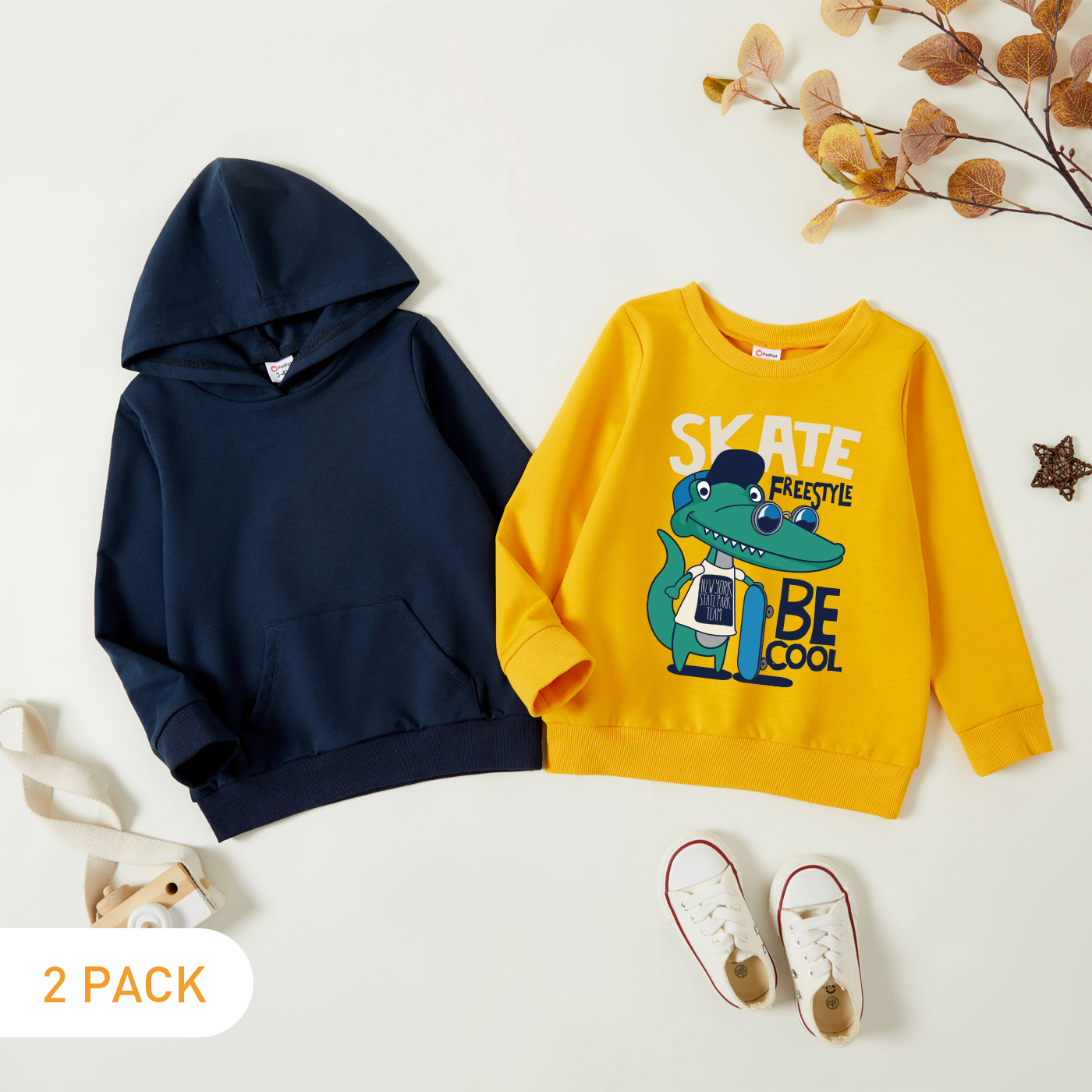 

2-Pack Toddler Boy Graphics Letter and Dinosaur Print Long-sleeve Pullover & Hooded Pullover Set