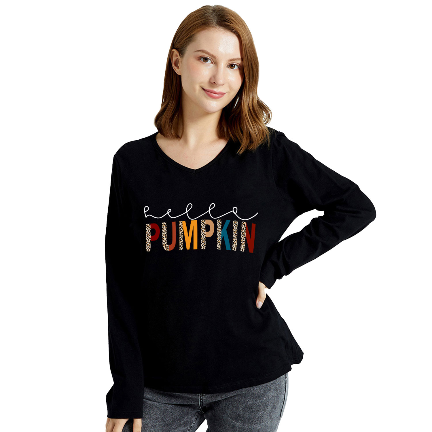 

Graphic Black Long-sleeve V Neck Tee for Women