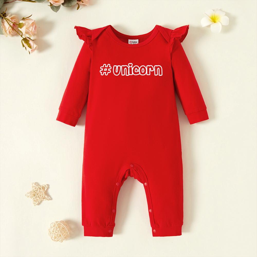 

Baby Graphic Flutter-sleeve Red Long-sleeve Jumpsuit
