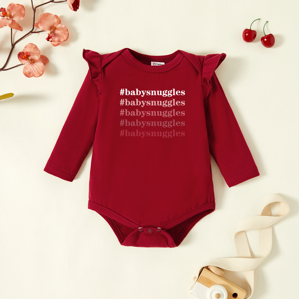 

Baby Graphic Flutter-sleeve Burgundy Long-sleeve Romper