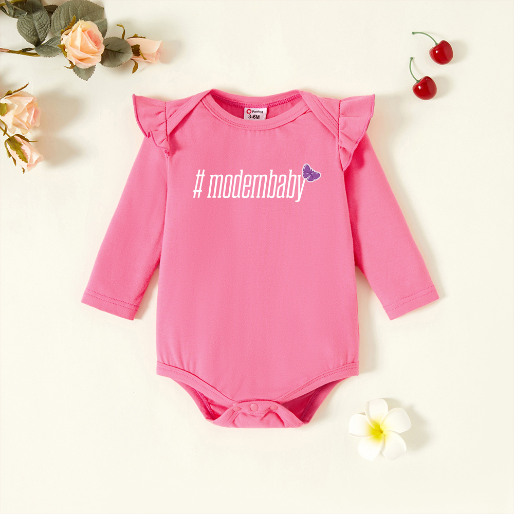 

Baby Graphic Flutter-sleeve Deep pink Long-sleeve Romper