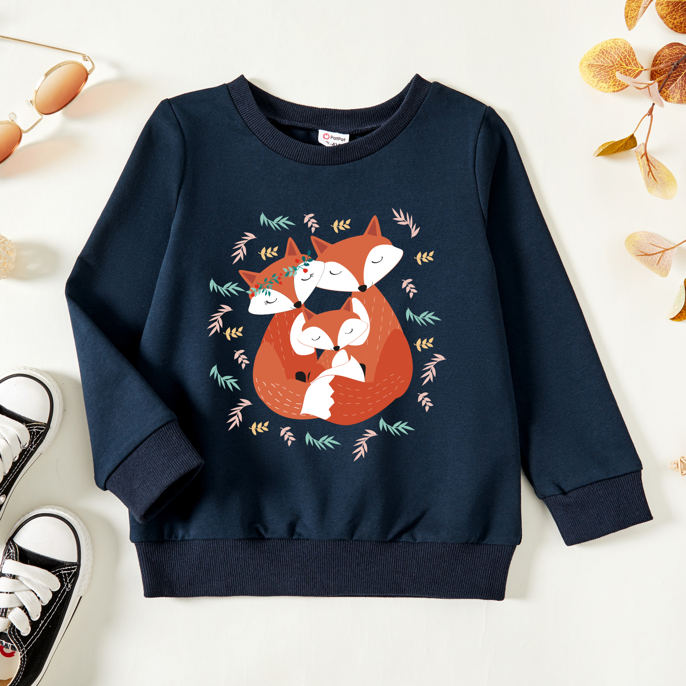 

Toddler Graphic Fox and Leaf Print Long-sleeve Pullover