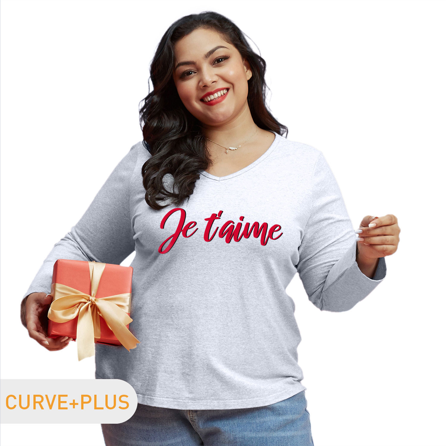 

Women Plus Size Graphic Letter Print V Neck Long-sleeve Tee