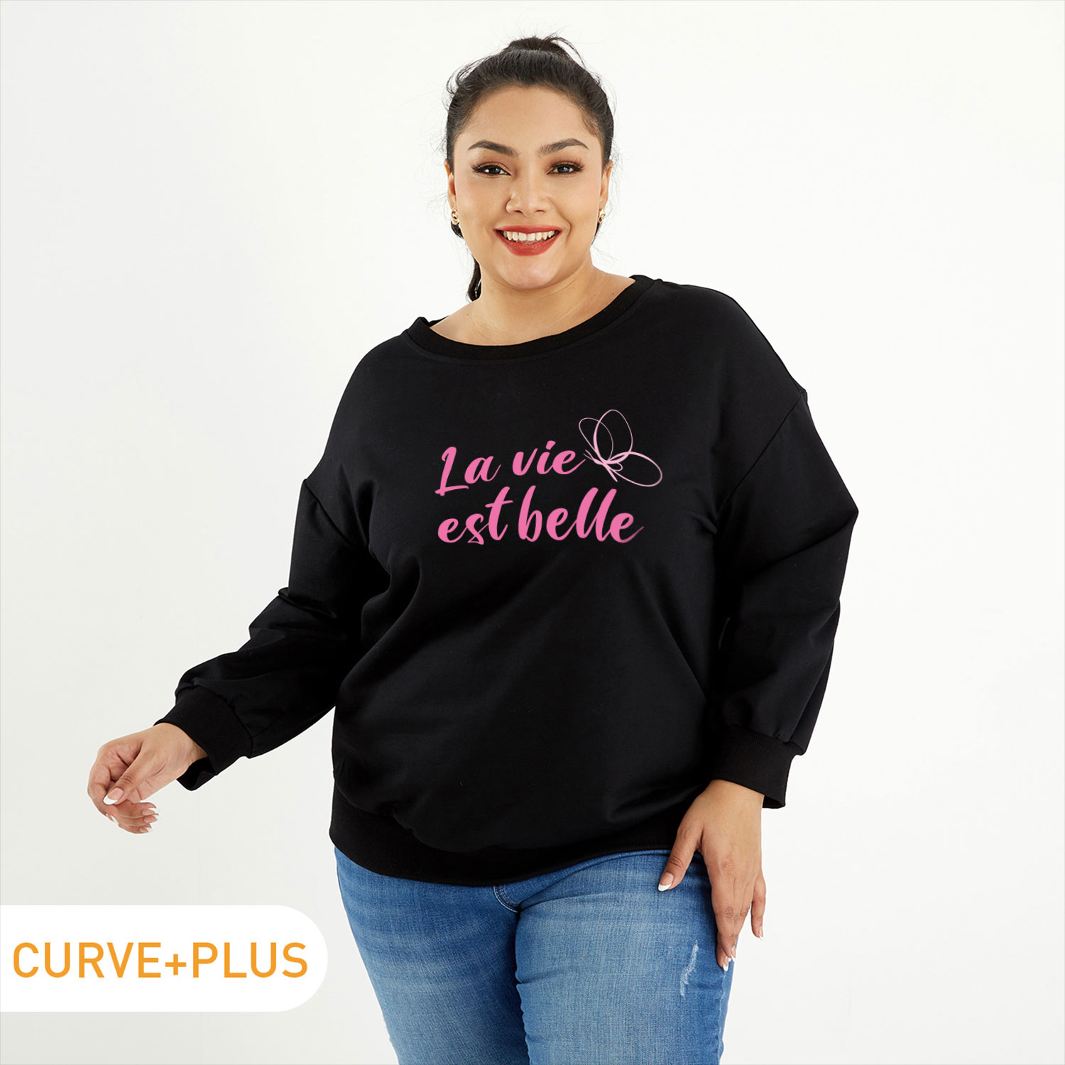 

Women Plus Size Graphic Butterfly and Letter Print Round Neck Long-sleeve Pullover