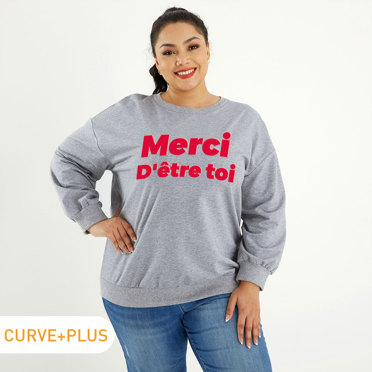 

Women Plus Size Graphic Letter Print Round Neck Long-sleeve Pullover