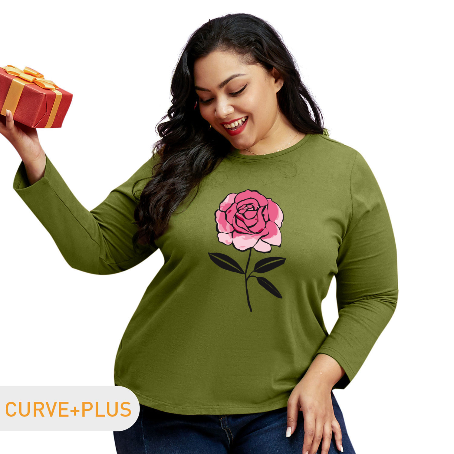 

Women Plus Size Graphic Rose Print Round Neck Long-sleeve Tee