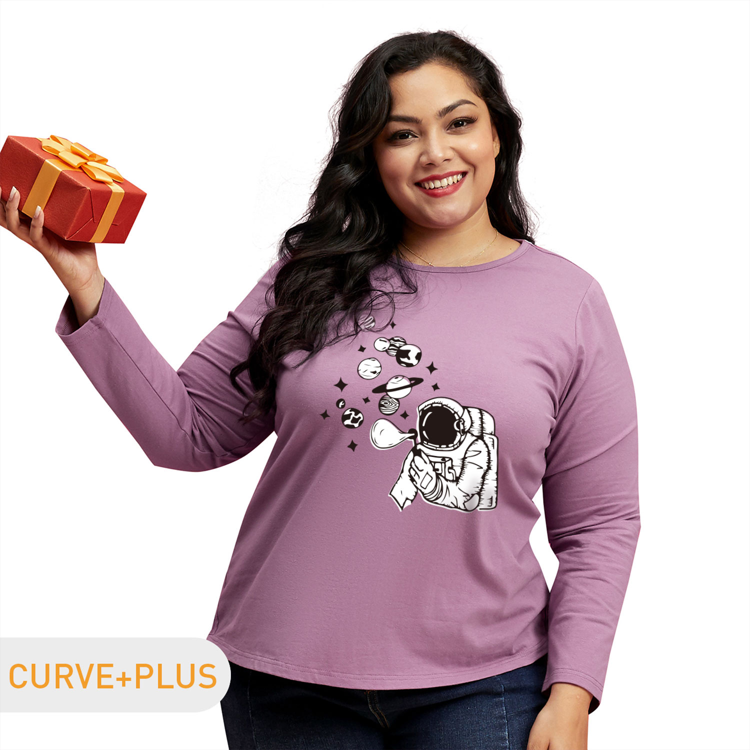 

Women Plus Size Graphic Galaxy and Astronaut Print Round Neck Long-sleeve Tee