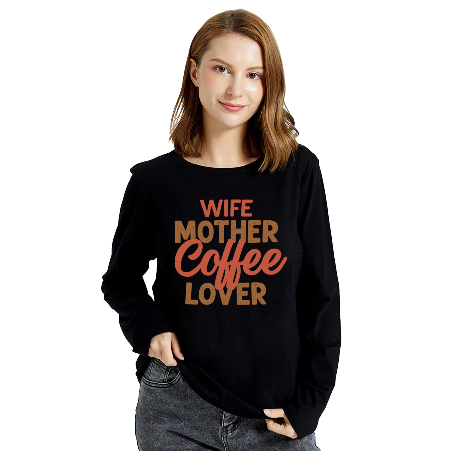 

Women Letter Print Round Collar Long-sleeve Tee