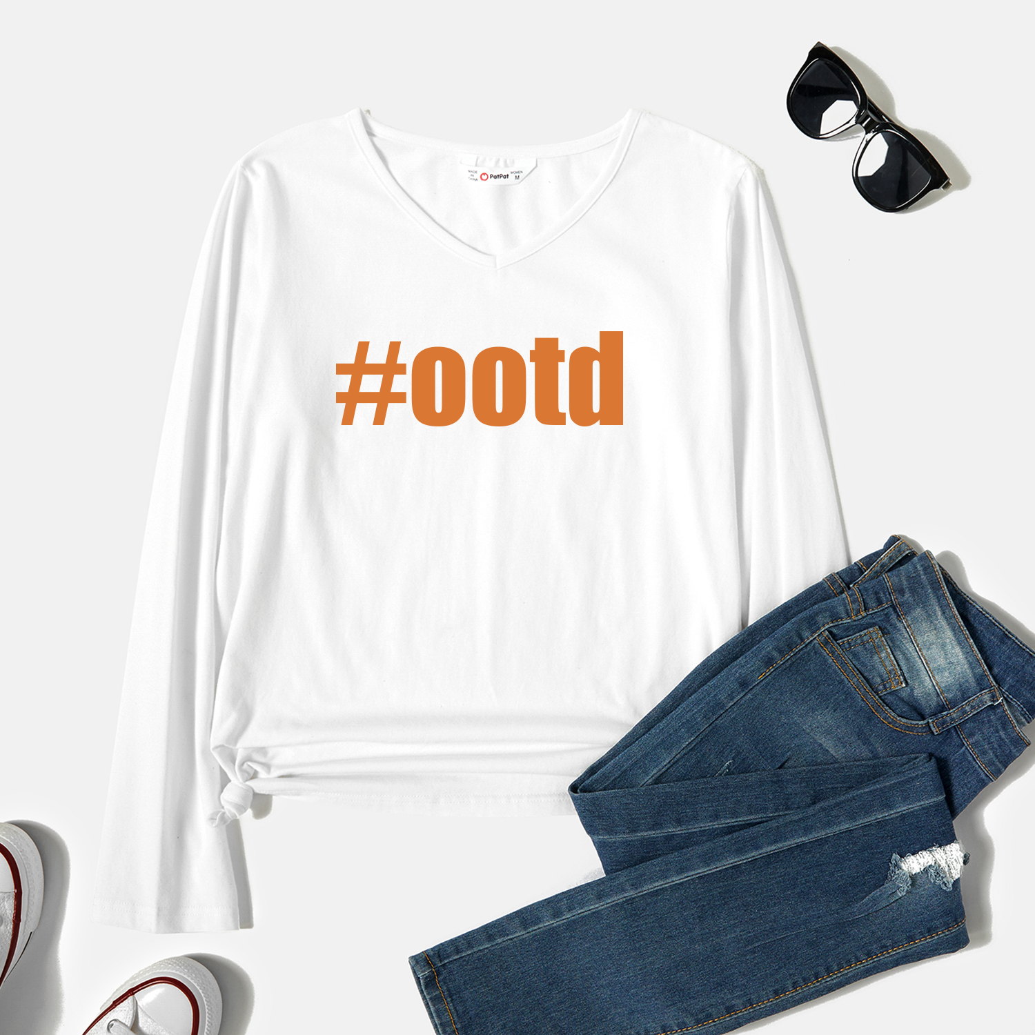 

Graphic White Long-sleeve V Neck Tee for Women