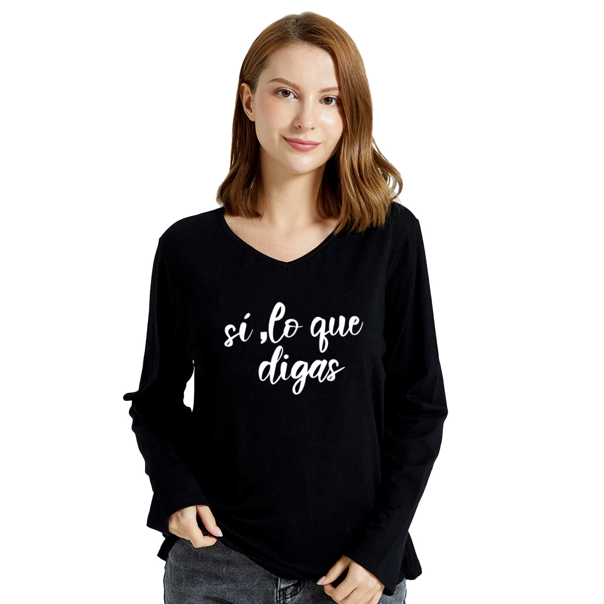 

Women Graphic Letter Print V Neck Long-sleeve Tee