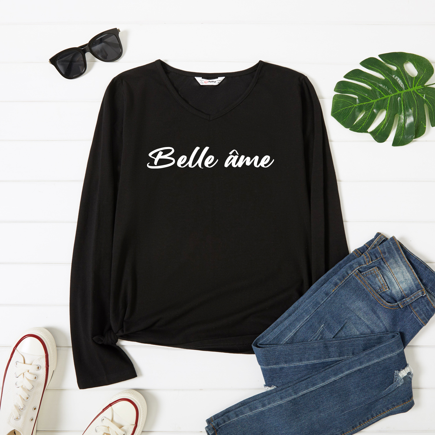 

Graphic Black Long-sleeve V Neck Tee for Women