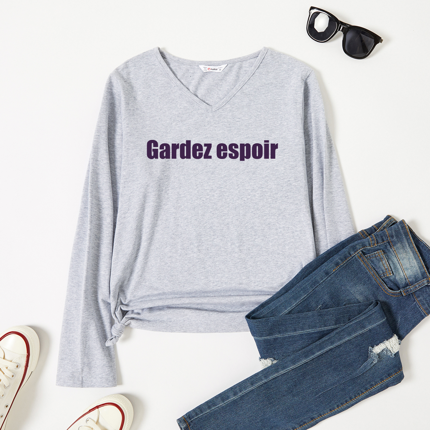 

Graphic Light gray Long-sleeve V Neck Tee for Women
