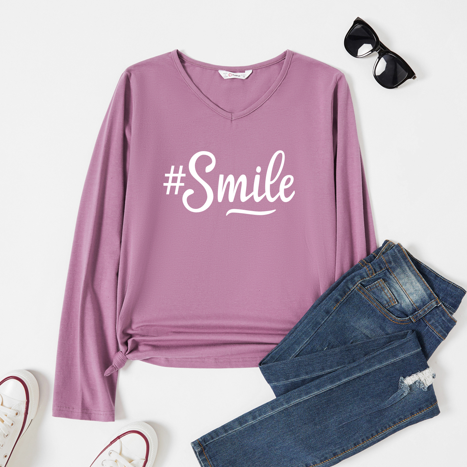 

Graphic Lavender Purple Long-sleeve V Neck Tee for Women
