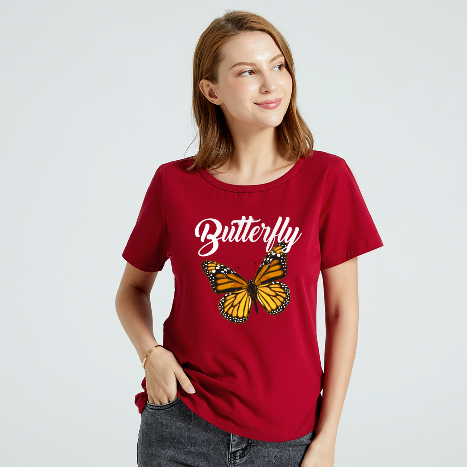 

Women Butterfly and Letter Print Round Collar Short-sleeve Tee
