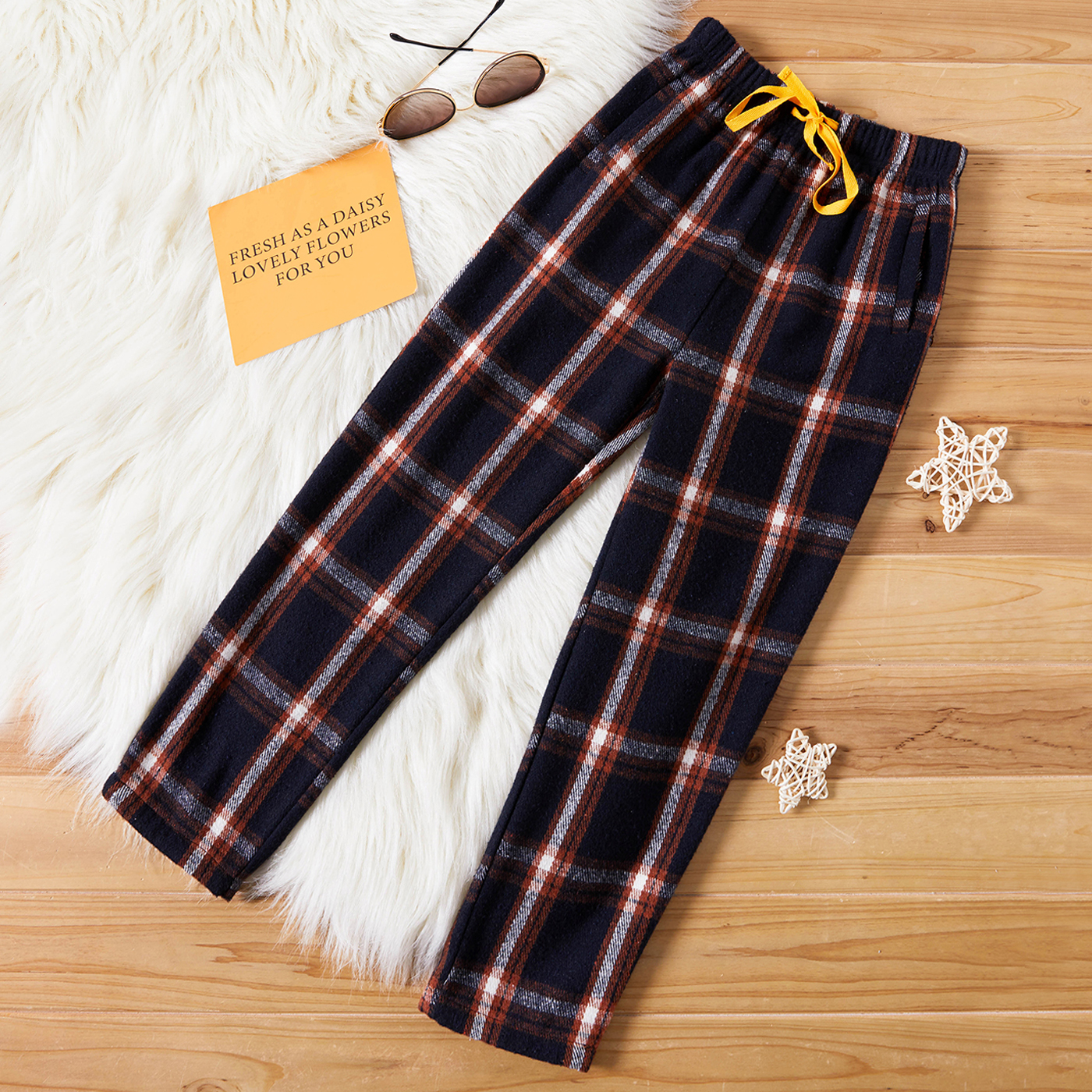 

Kid Boy 100% Cotton Plaid Drawstring Casual Pants