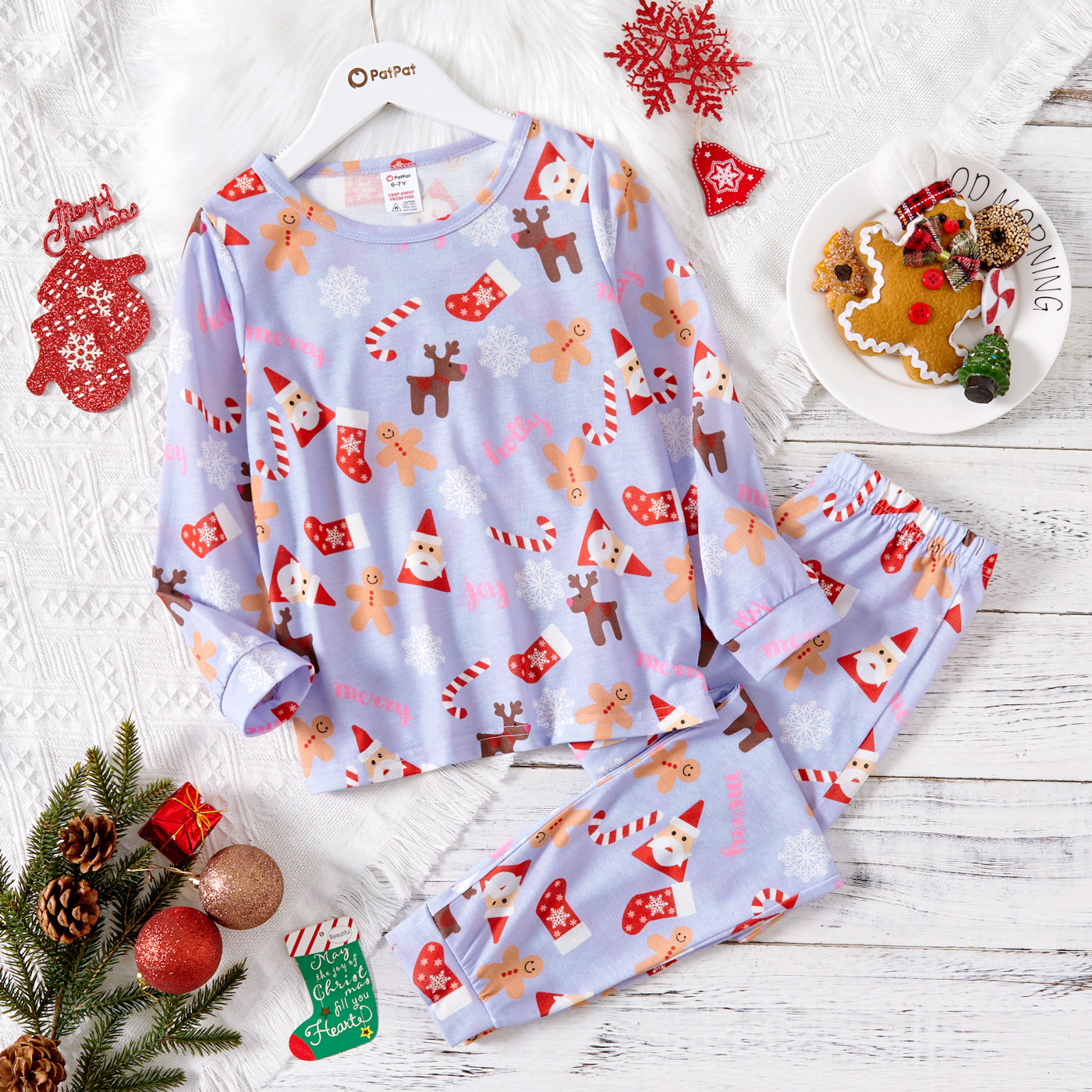 

2-piece Kid Girl Christmas Santa Deer Snowflake Print Long-sleeve Top and Pants Pajamas Lounge Set