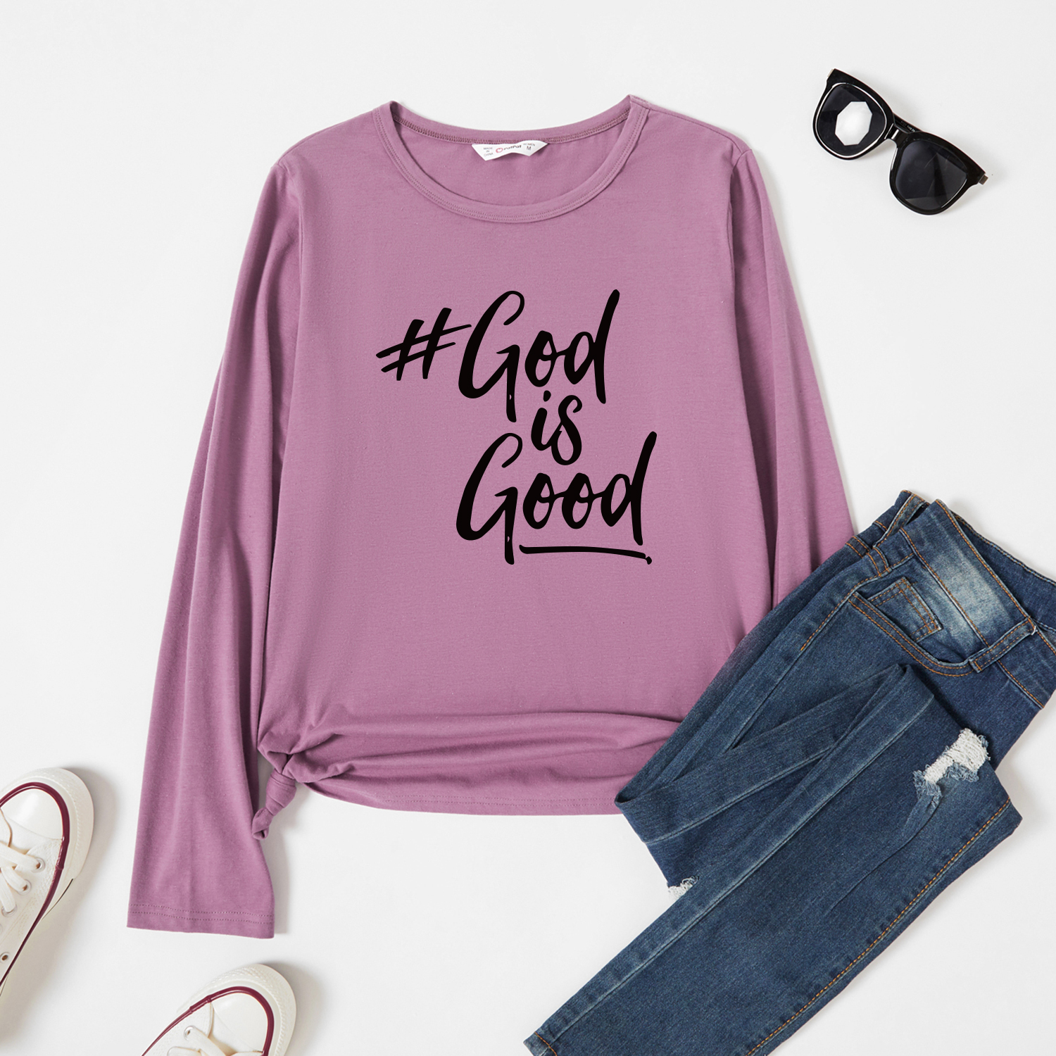 

Graphic Lavender Purple Long-sleeve Round-collar Tee for Women
