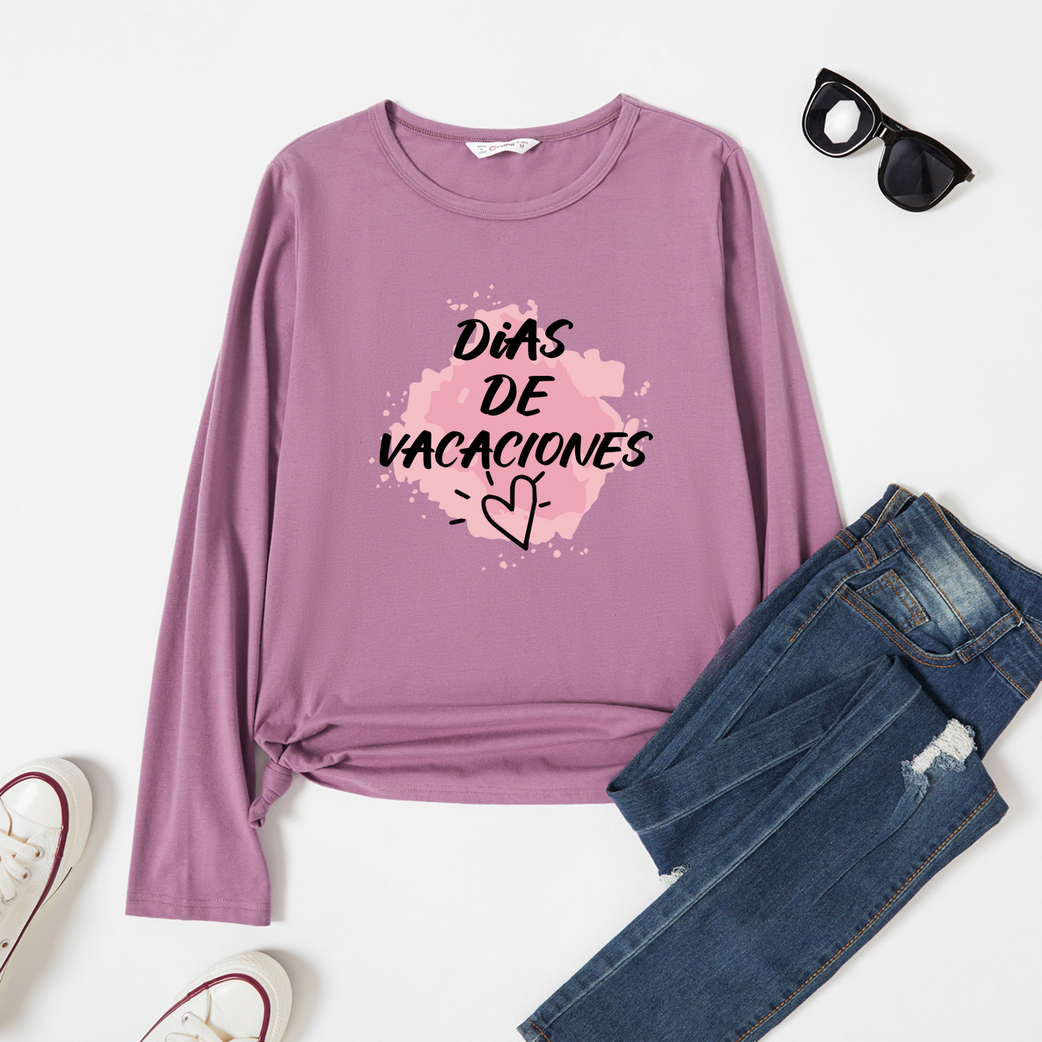 

Graphic Lavender Purple Long-sleeve Round-collar Tee for Women