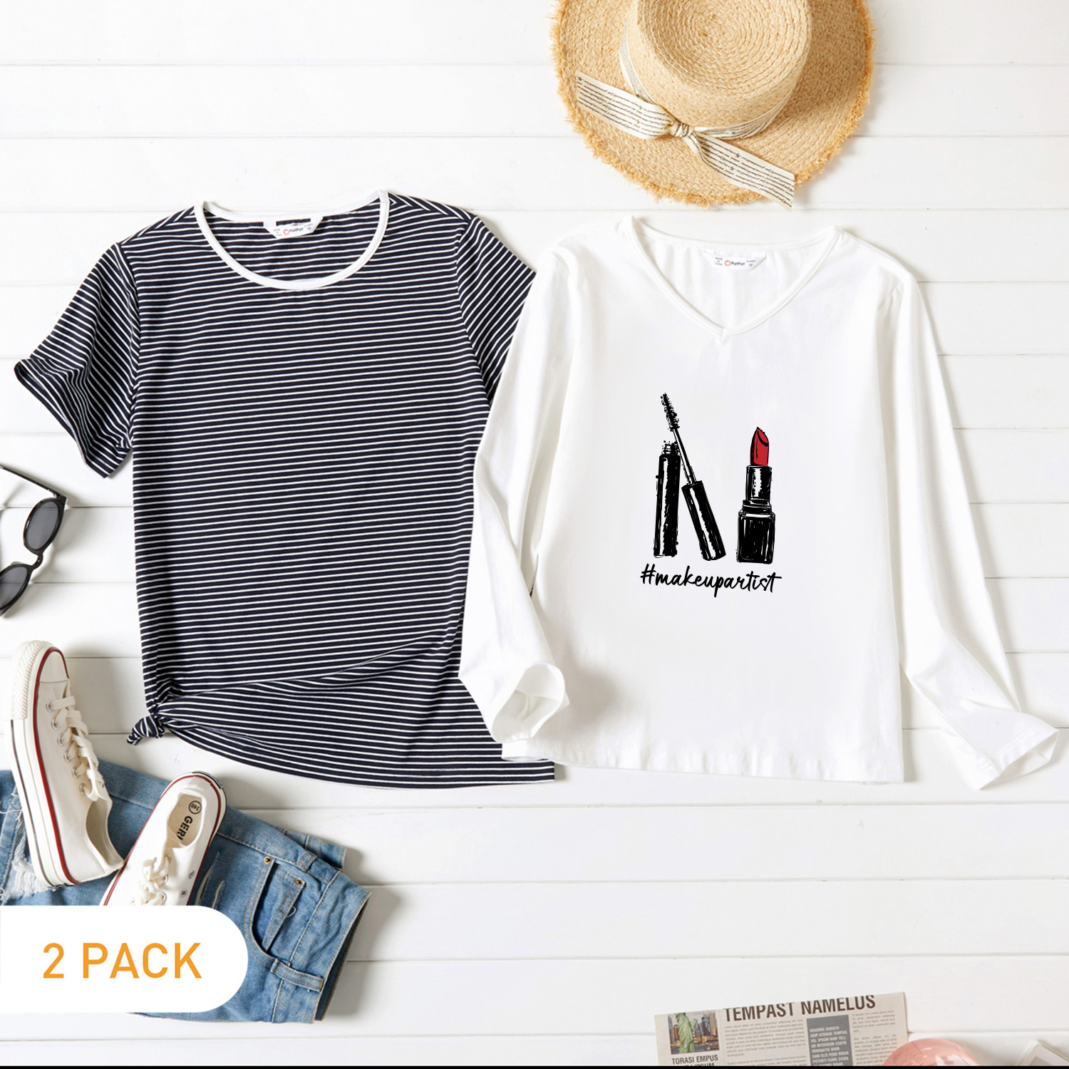 

2-Pack Graphic & Striped Tee Set For women