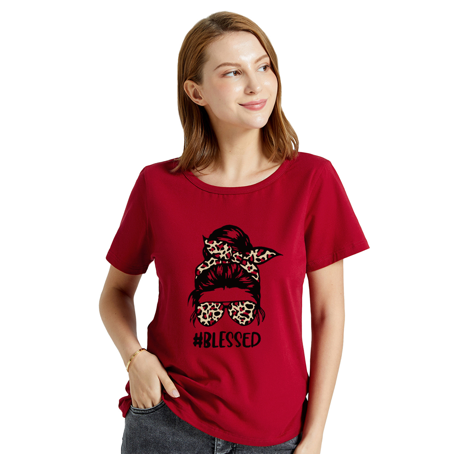 

Graphic Burgundy Short-sleeve Round-collar Tee for Women
