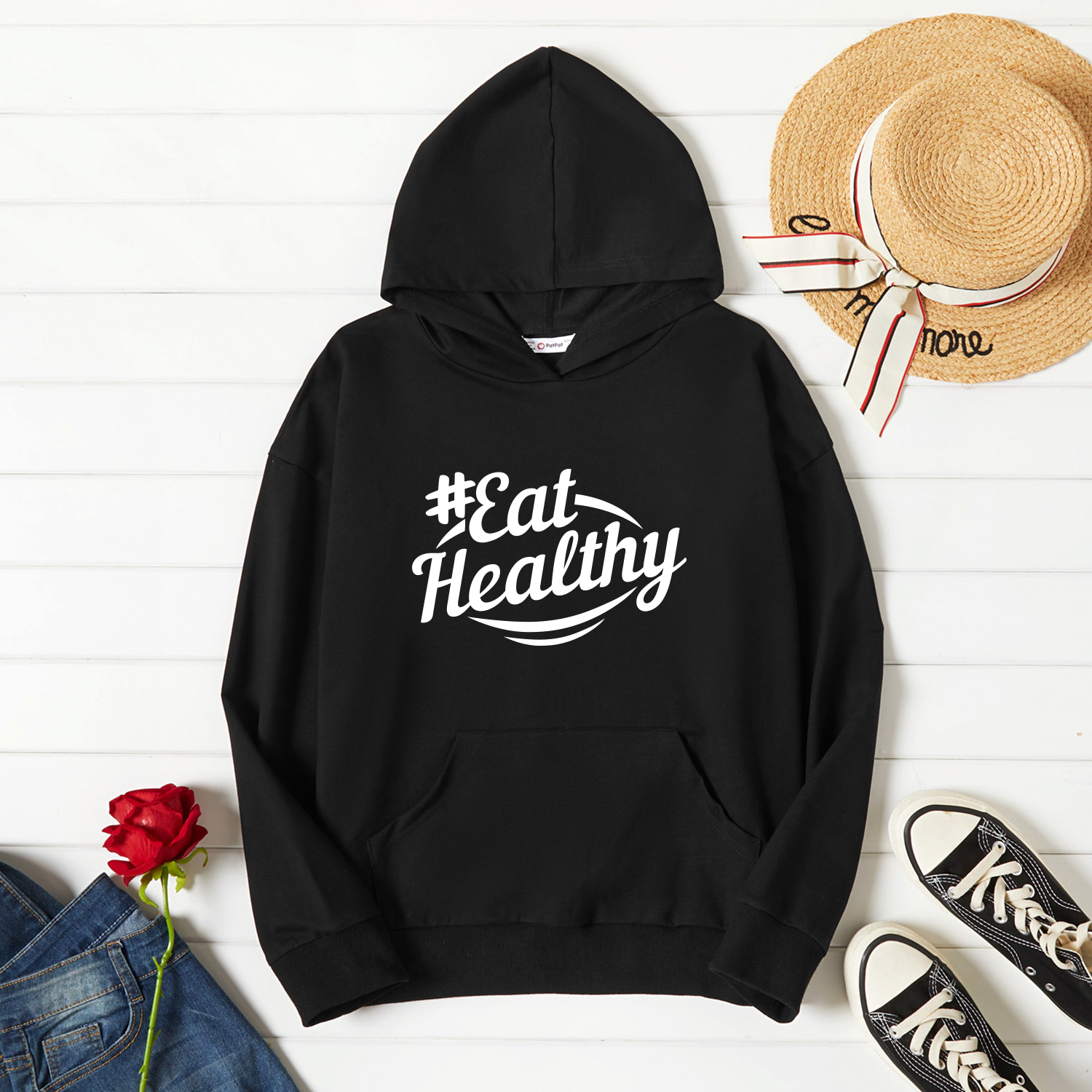 

Graphic Black Long-sleeve Hooded Pullover For Women