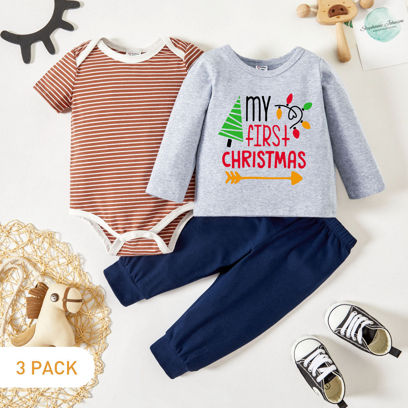 

Christmas 3-Pack Baby Graphic Letter and Christmas Tree Print Long-sleeve Tee & Striped Short-sleeve Romper & Pants Set