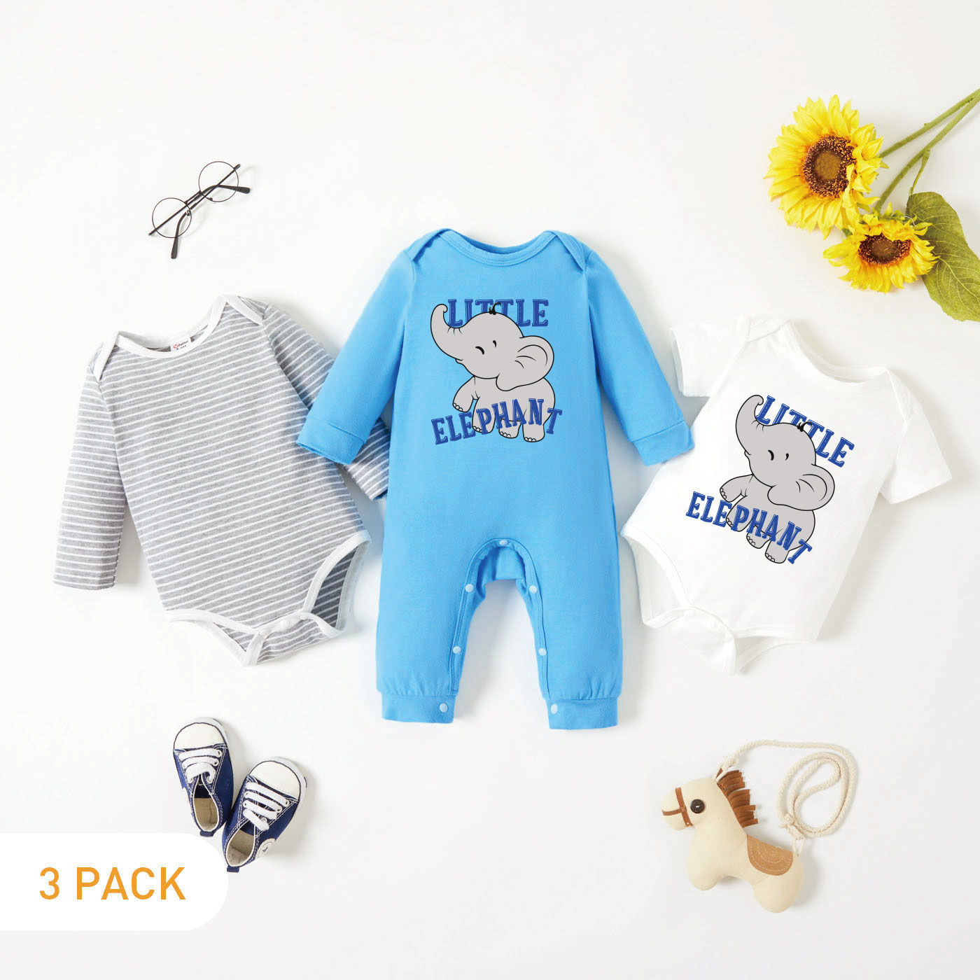 

3-Pack Baby Graphic & Striped Romper Jumpsuit Set