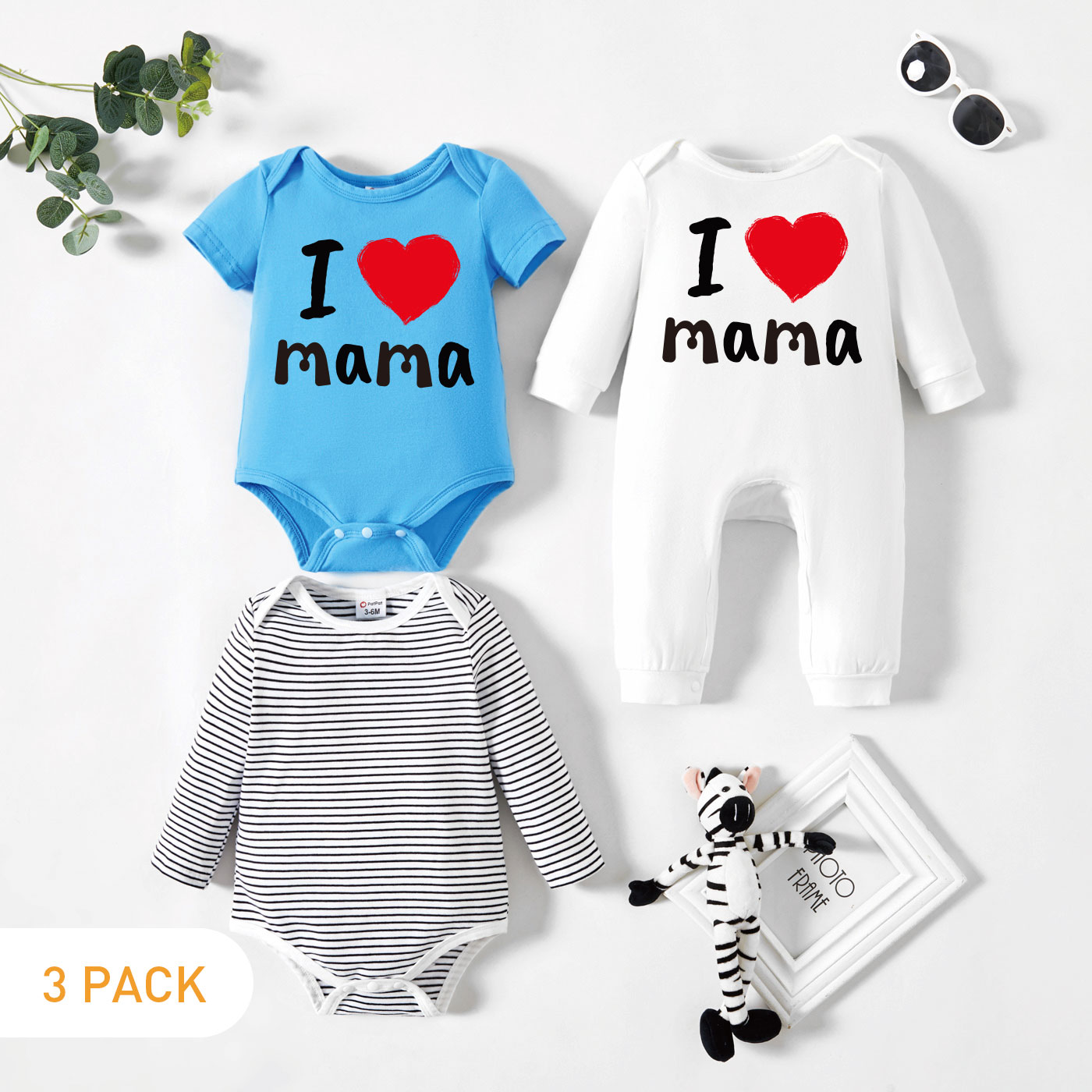 

3-Pack Baby Graphics Letter and Heart-shaped Print Striped Romper Jumpsuit Set