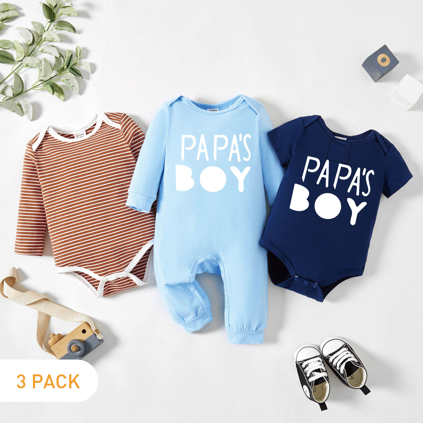 

3-Pack Baby Boy Graphic Letter Print Striped Romper Jumpsuit Set