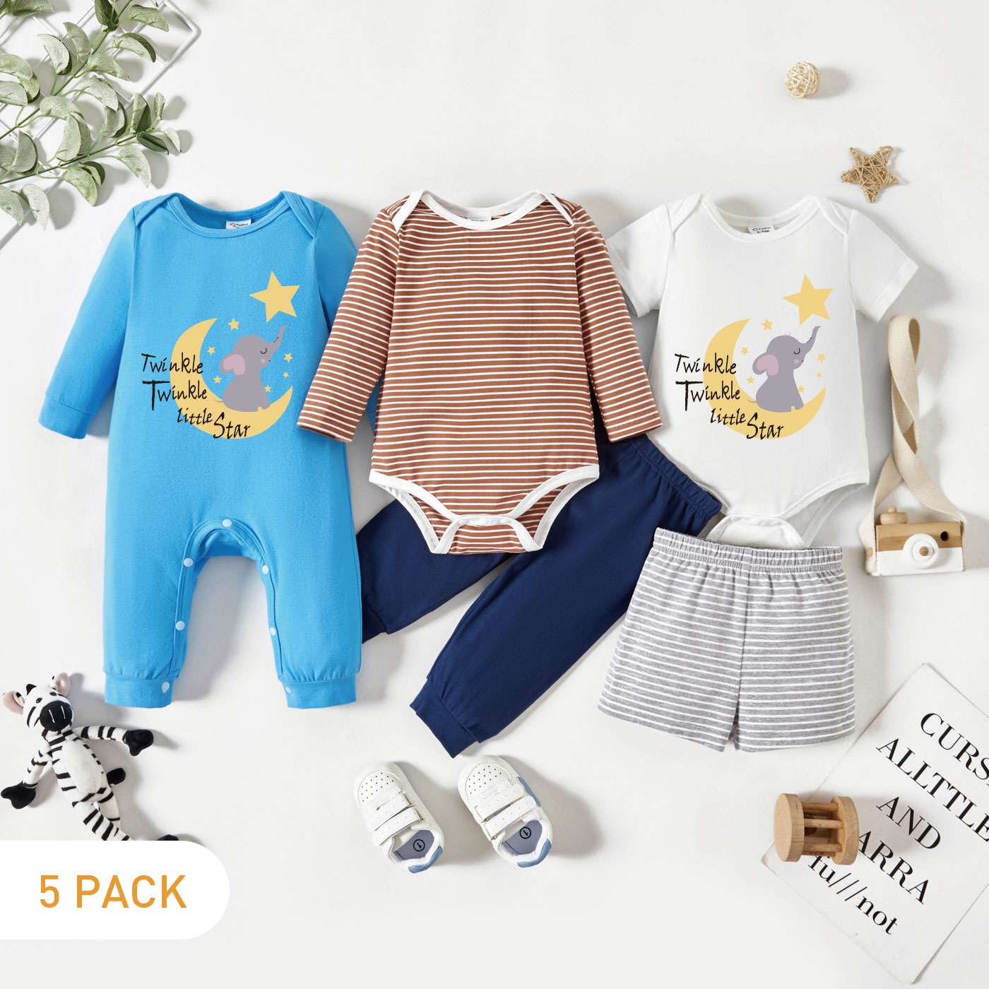 

5-Pack Baby Graphic & Striped Romper Jumpsuit Pants Set