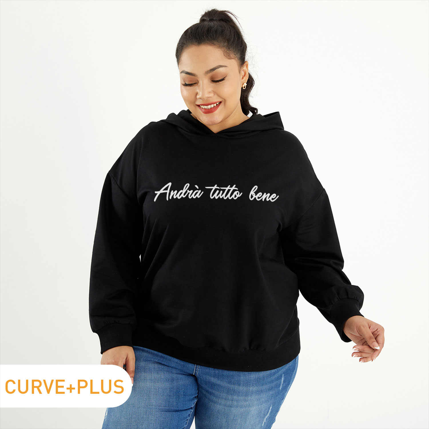 

Women Plus Size Graphic Letter Print Long-sleeve Hooded Pullover