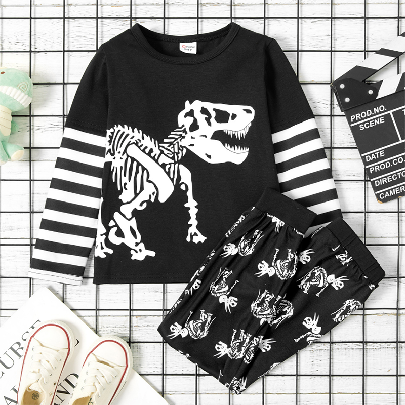 

2-piece Toddler Boy Dinosaur Print Striped Long-sleeve Top and Pants Casual Set