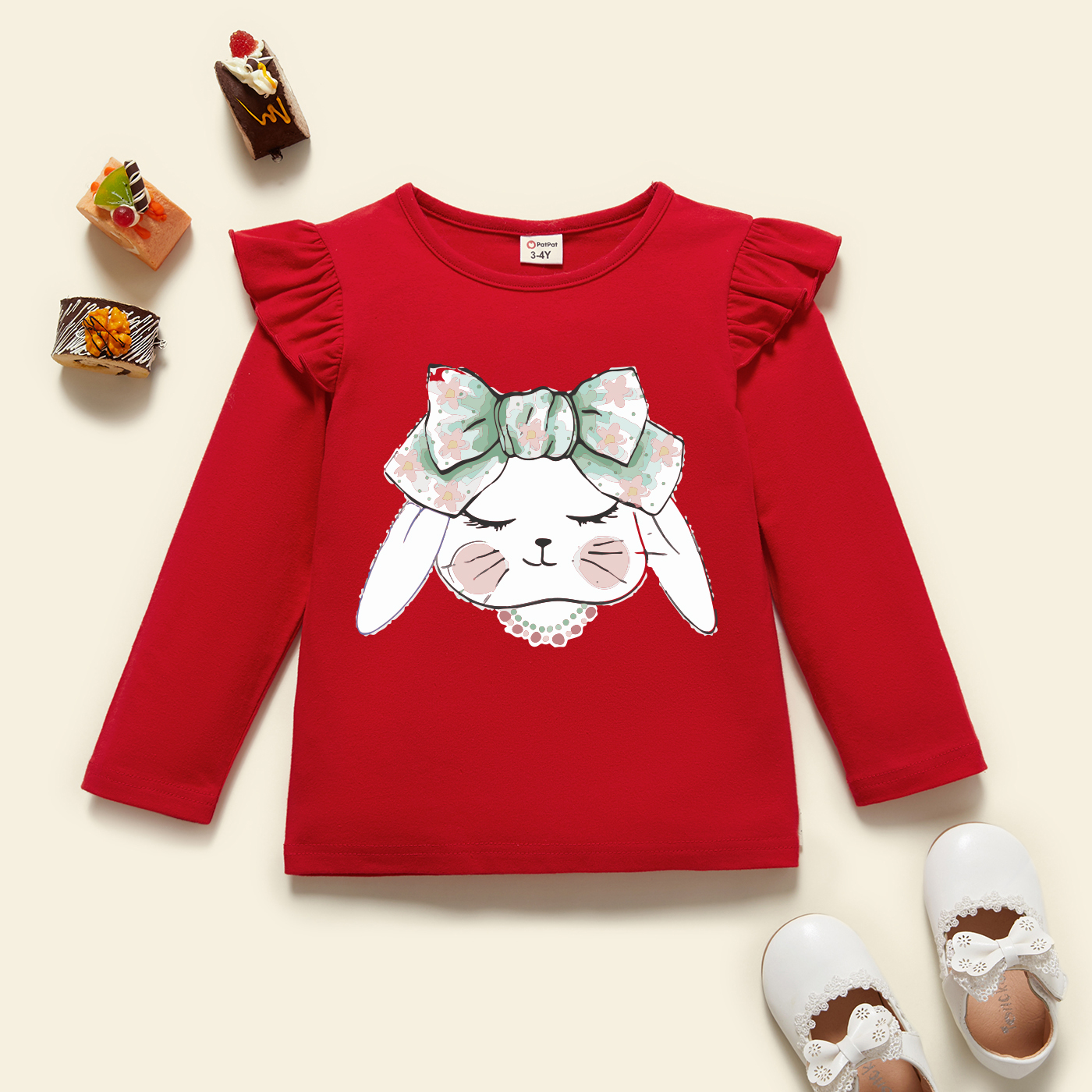 

Toddler Girl Graphic Rabbit Print Ruffled Long-sleeve Tee