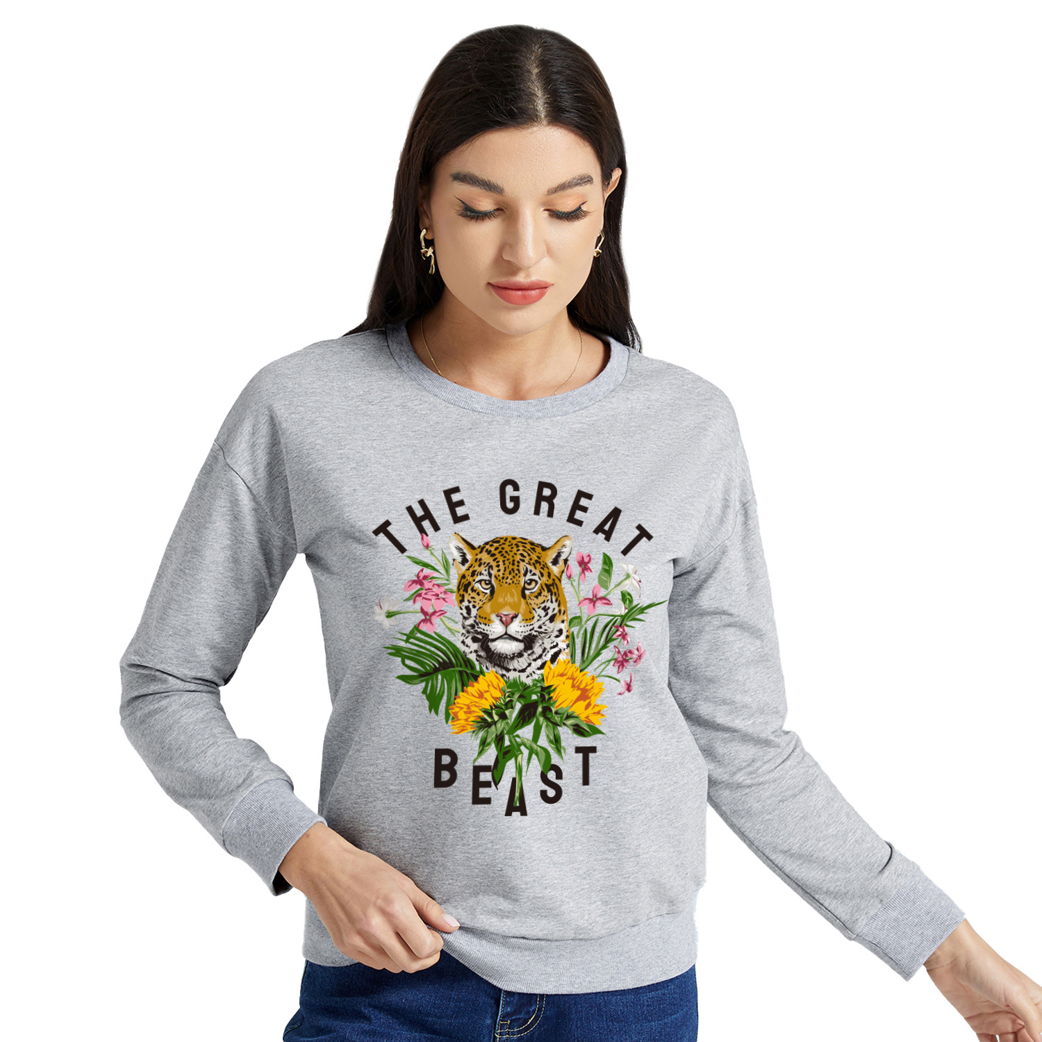 

Women Tiger and Floral and Letter Print Round Collar Long-sleeve Pullover