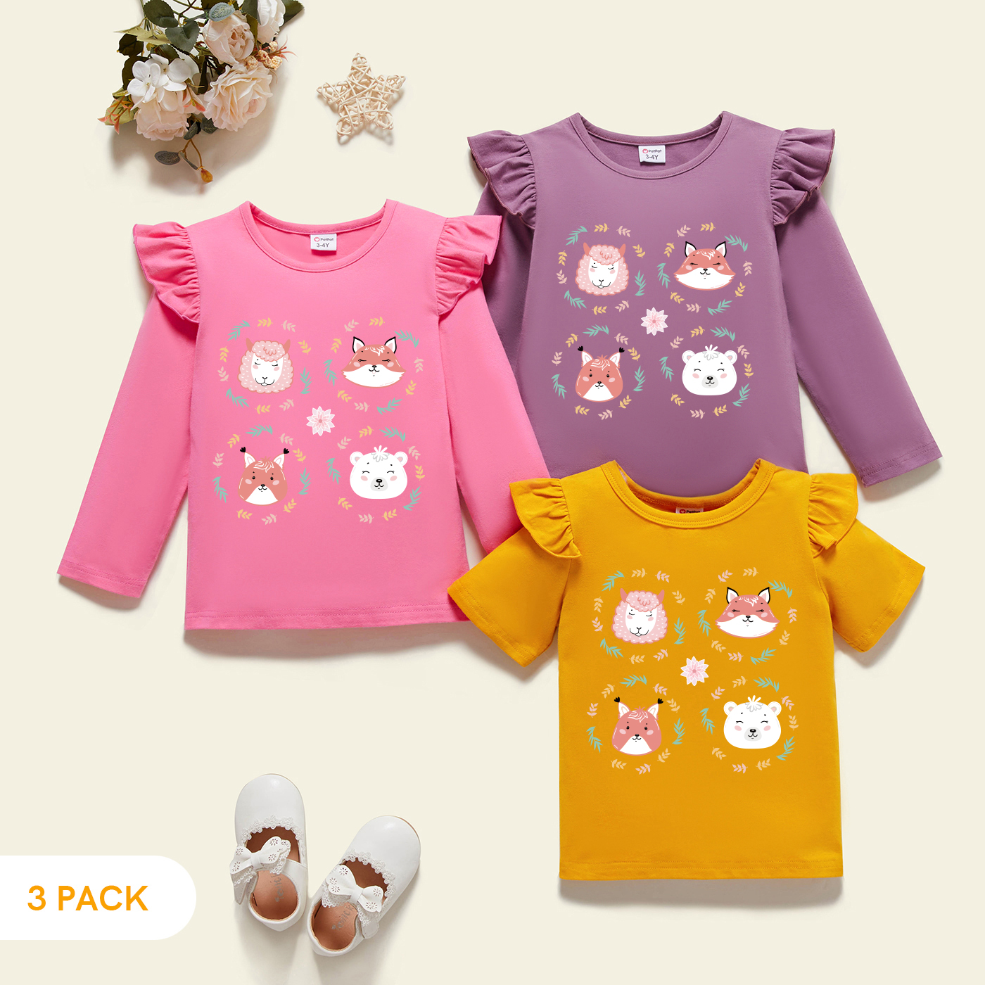 

3-Pack Toddler Girl Graphic Animal and Floral Print Ruffled Tee Set