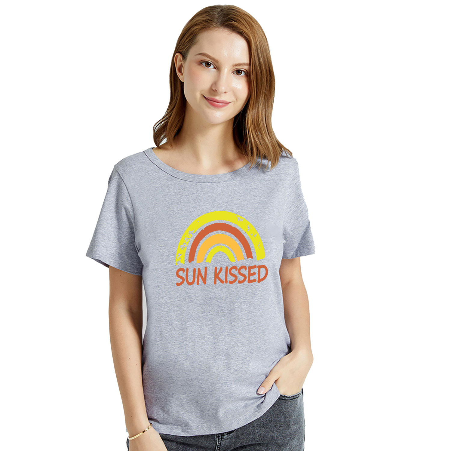 

Women Rainbow and Letter Print Round-collar Short-sleeve Tee