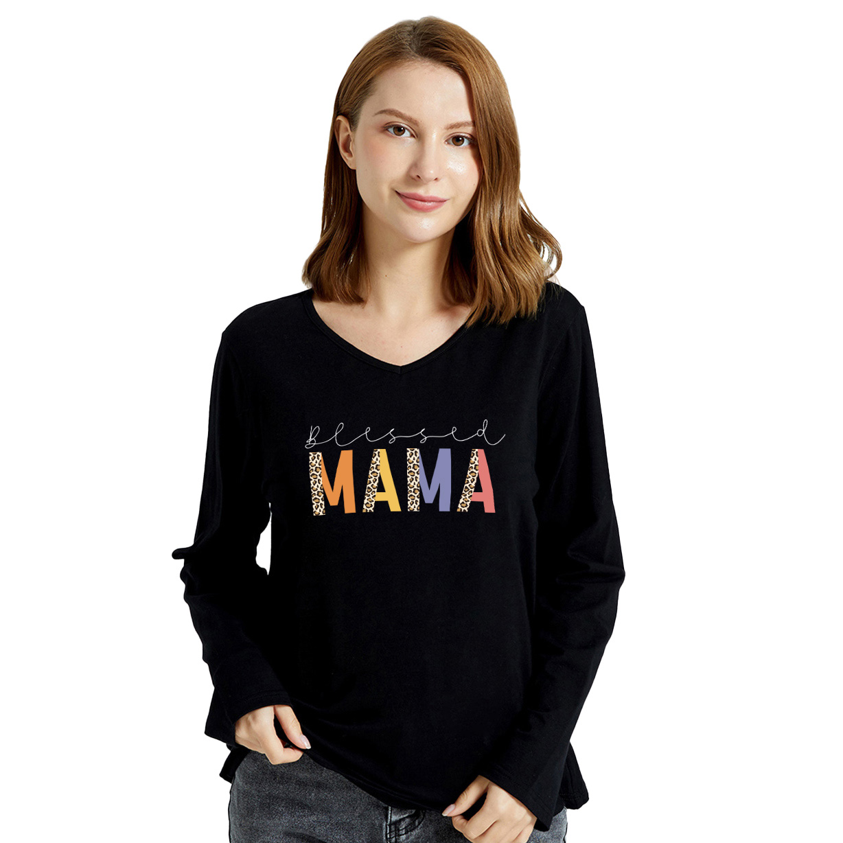 

Women Letter Print V Neck Long-sleeve T-Shirt