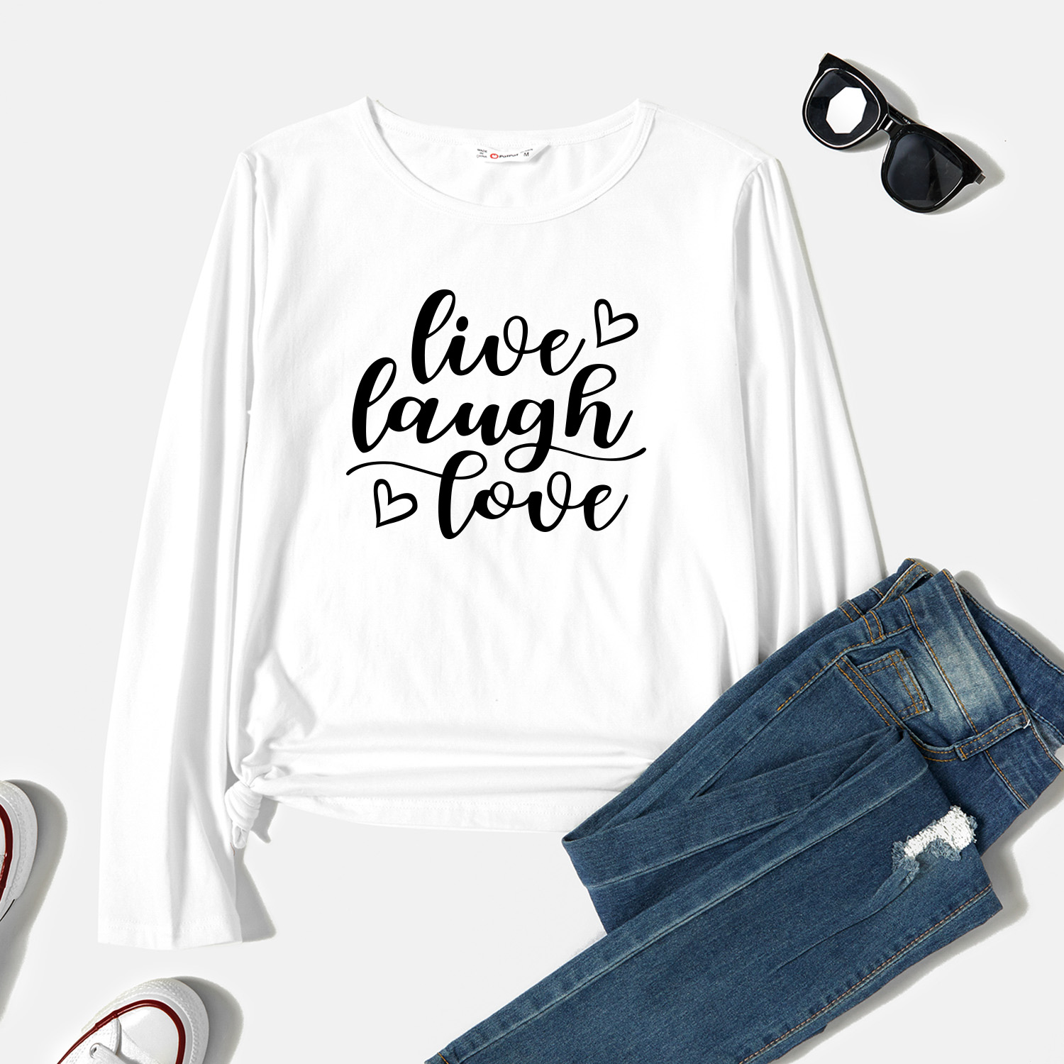 

Graphic White Long-sleeve Round-collar Tee for Women