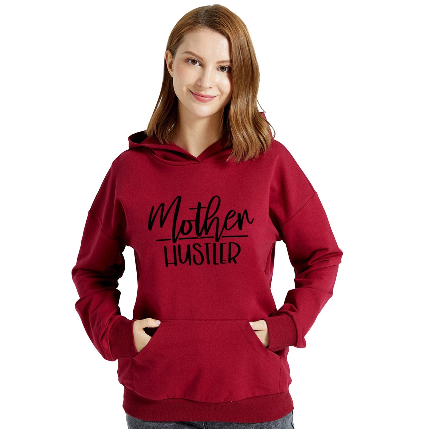 

Graphic Burgundy Long-sleeve Hooded Pullover For Women